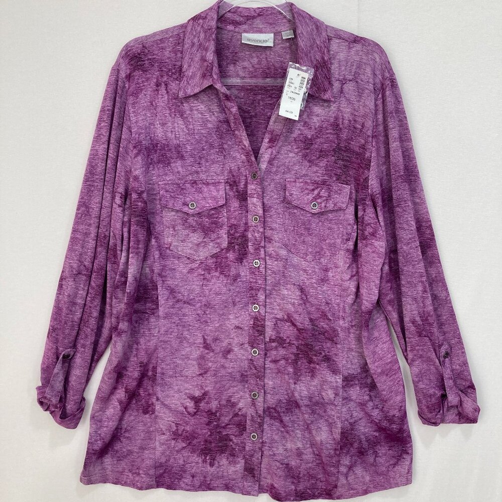 New Avenue Blouse size 18/20 Purple Tie Dye Stretch Knit Button‎ Down Office